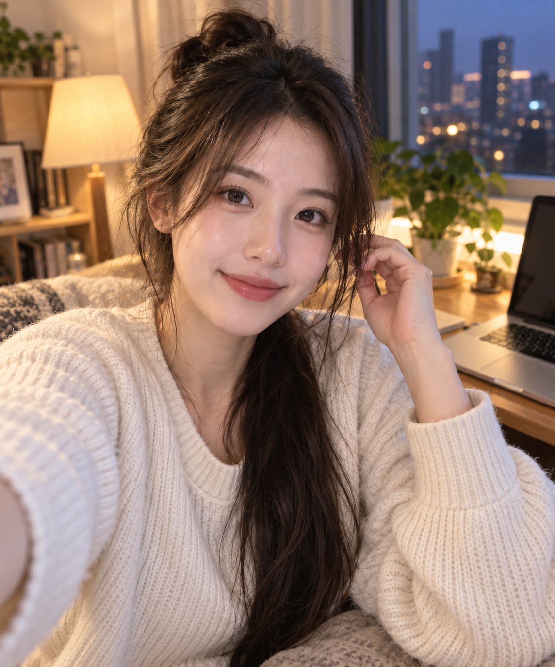 Eva 的 AI 生成虚拟肖像，暖色灯光下的长发女孩